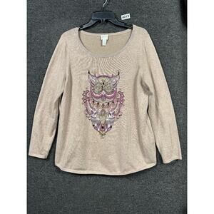 Zenergy By Chico's Cotton Cashmere Blend Purple Jeweled Owl Sweater Womens Sz L
